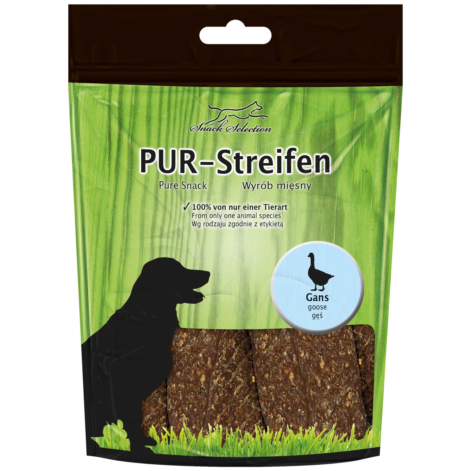 Eine Packung Hundesnacks mit "PUR-Streifen" Aufschrift und Gänse-Illustration. Die Packung enthält Streifen-Snacks, sichtbar durch das transparente Fenster.