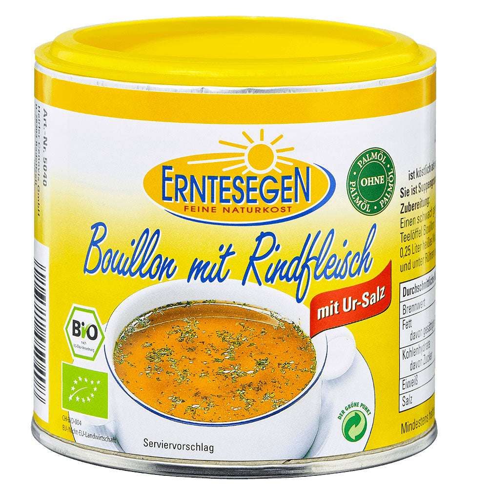 Konservendose mit gelbem Deckel. Aufschrift: Erntesegen Bio Bouillon mit Rindfleisch. Bio-Siegel und Palmöl-frei-Hinweis.