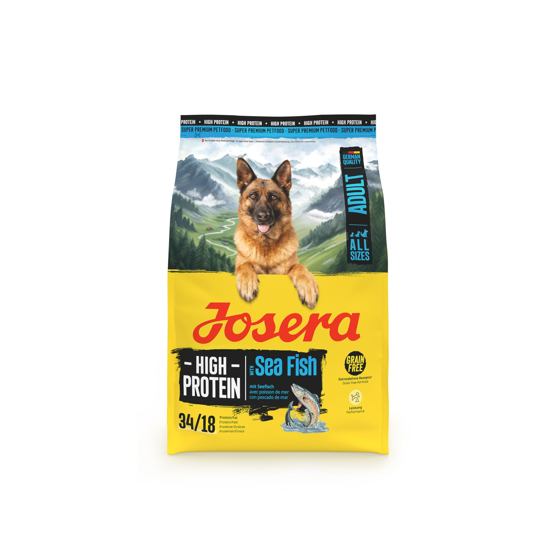 Josera High Protein Seefisch Hundefutter-Sack mit einem Schäferhund-Motiv und Berglandschaft.