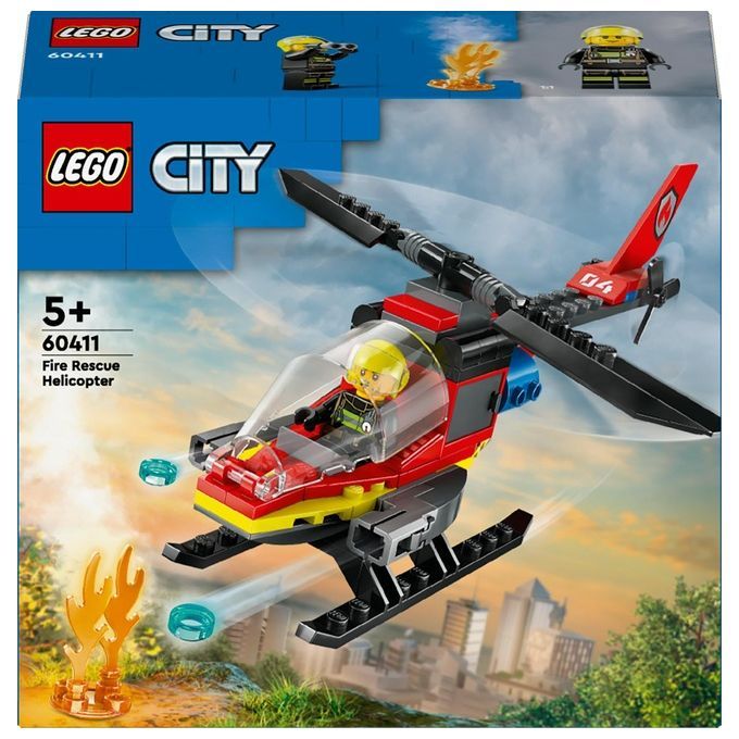 LEGO City 60411 Elicottero dei Pompieri. Il giocattolo è rosso, giallo e nero. Include due elementi lancia-acqua e una minifigure. Sulla confezione è indicato "5+".