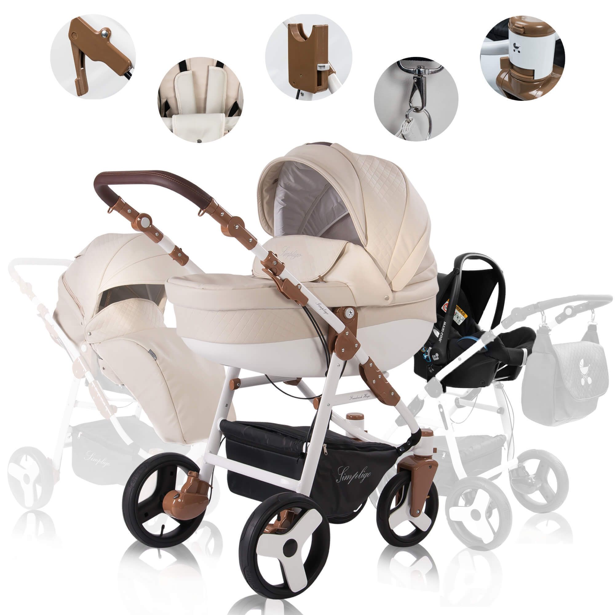 Friedrich Hugo Simpligo 3 in 1 Kinderwagen mit original Maxi Cosi, Sand (Kunstleder)