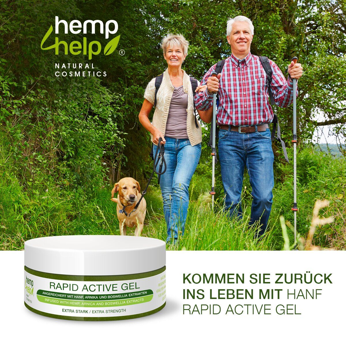 Hemp4Help Natural Skincare: Kommen Sie zurück ins Leben mit Hanf Rapid Active Gel. Paar wandert mit Hund. Bio Hanf, Arnika, Boswellia Extrakte.