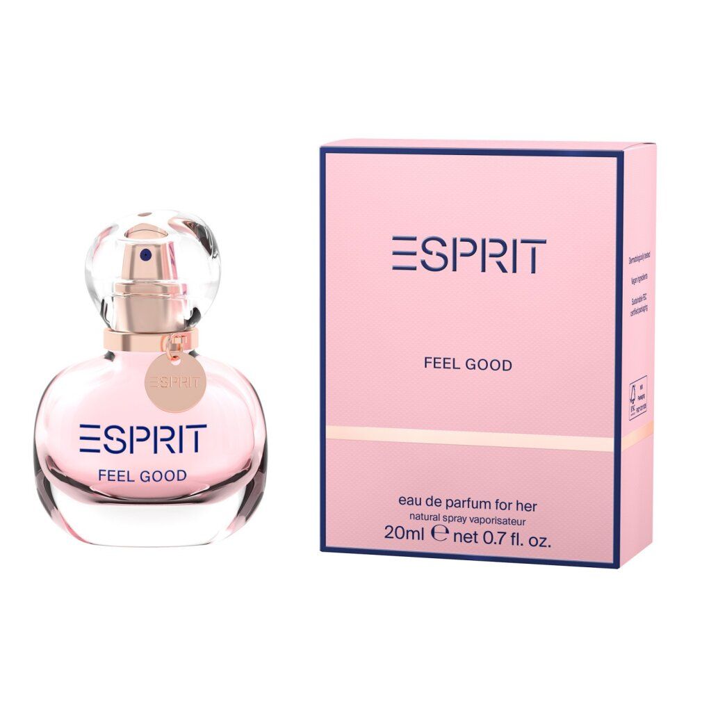 Rosa Flakon und Verpackung. Aufschrift ESPRIT FEEL GOOD. 20ml Eau de Parfum für Damen. Mit Zerstäuber.