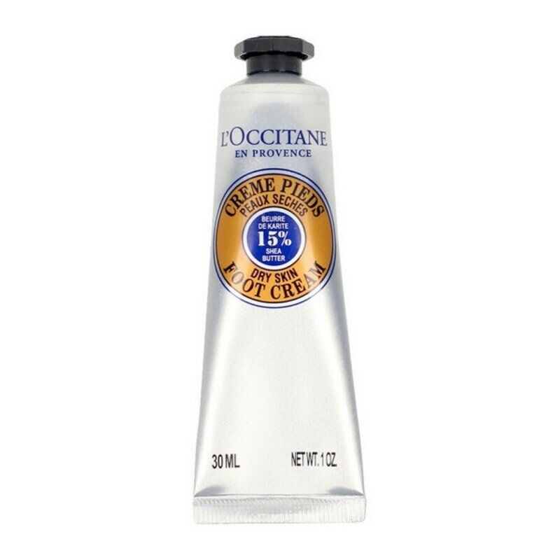 Silberne Tube mit schwarzem Deckel. Aufschrift: L'Occitane, Crème Pieds Peaux Sèches, 15% Shea Butter, Foot Cream. 30ml.