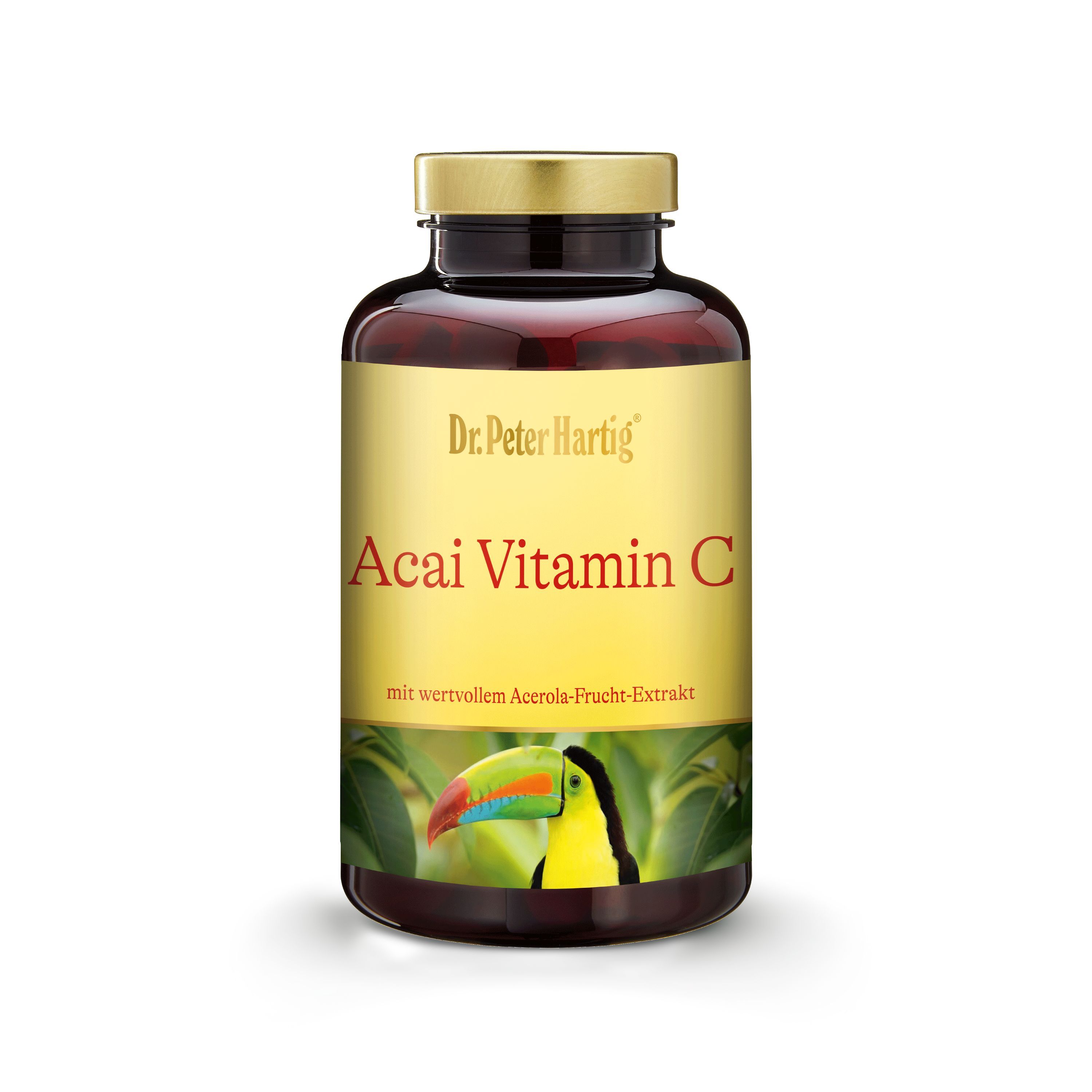 Braune Flasche mit goldfarbenem Etikett. Aufschrift: Dr. Peter Hartig Acai Vitamin C. Mit Illustration eines Tukan.