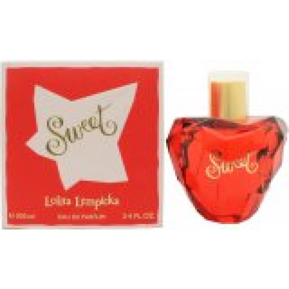 Roter Herzflakon mit goldenem Verschluss neben roter Verpackung mit Sweet-Schriftzug. Eau de Parfum.