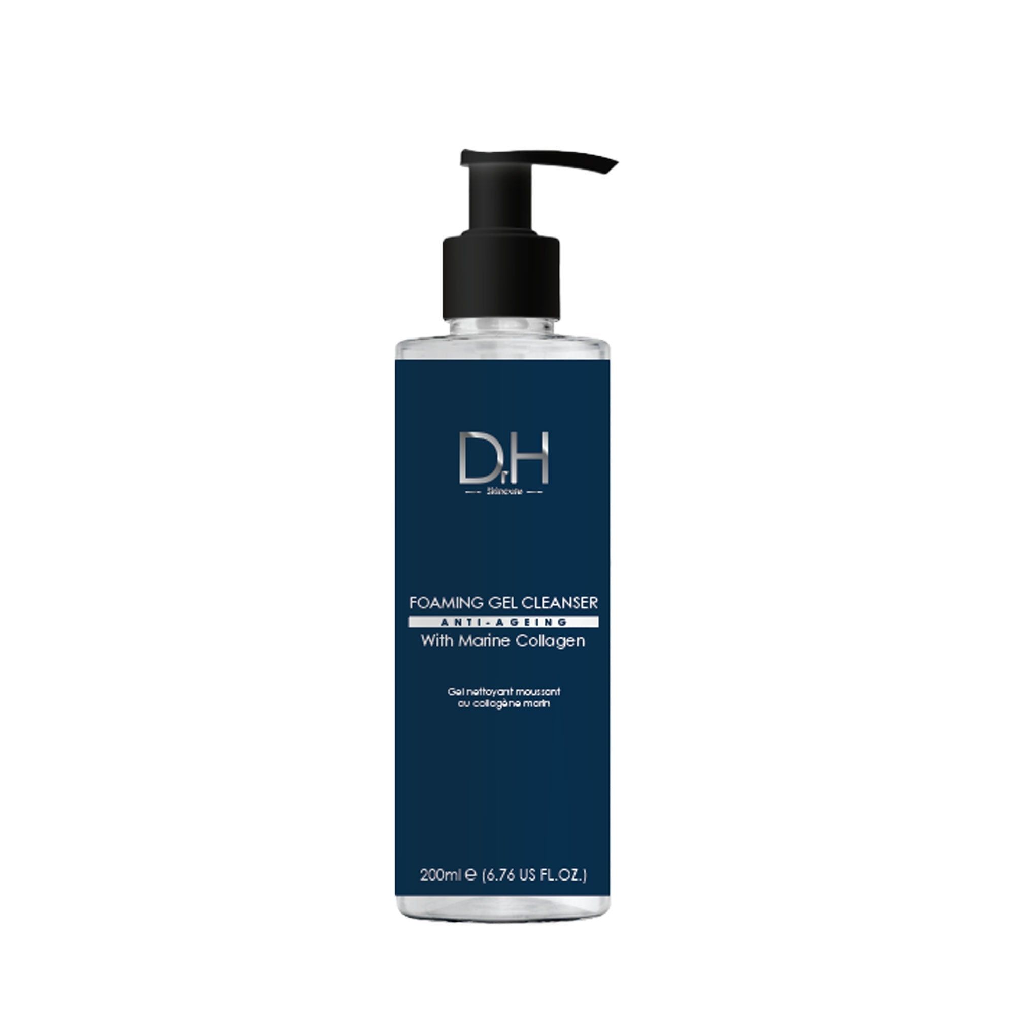 Reinigungs-Gel-Flasche mit Pumpkopf. Aufschrift: Foaming Gel Cleanser, Anti-Aging, mit Meereskollagen. DH-Logo. 200ml.