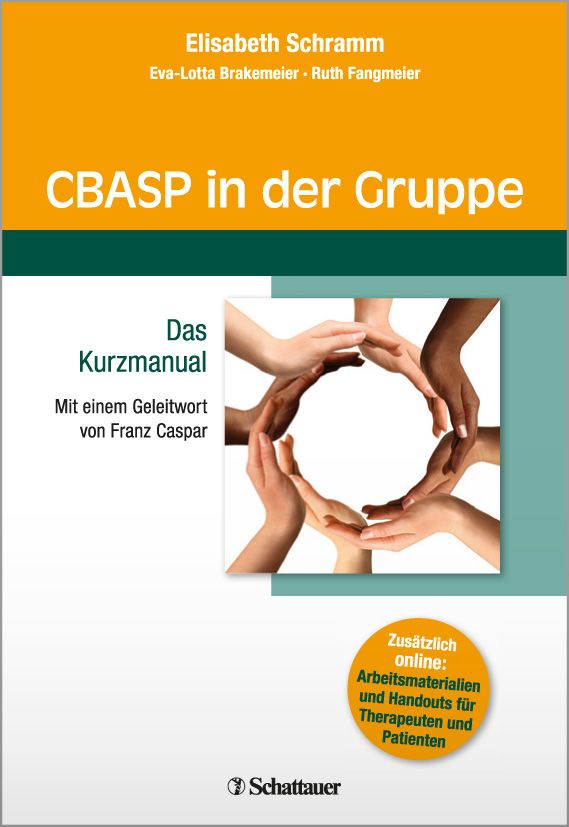 Buchcover: "CBASP in der Gruppe". Titel in Weiß auf orangefarbenem Hintergrund. Hände bilden Kreis. Verlag Schattauer.