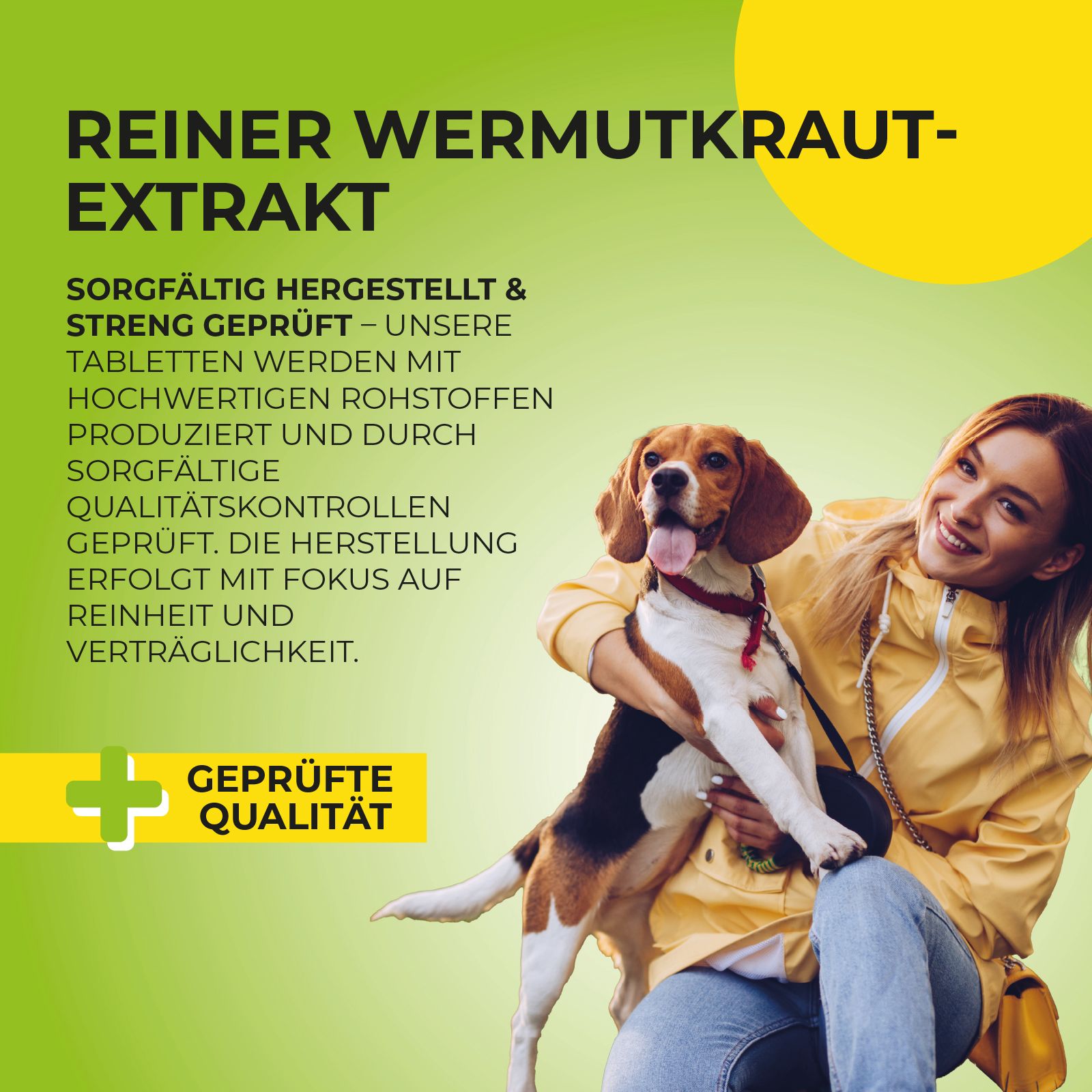 Frau mit Hund. Text über reinen Wermutkraut-Extrakt und geprüfte Qualität.