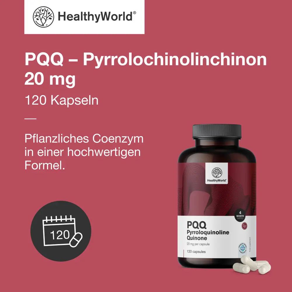 Produkt mit Text: PQQ Pyrrolochinolinchinon 20 mg, 120 Kapseln. Flasche und Kapseln. Marke: HealthyWorld. Text: Pflanzliches Coenzym.