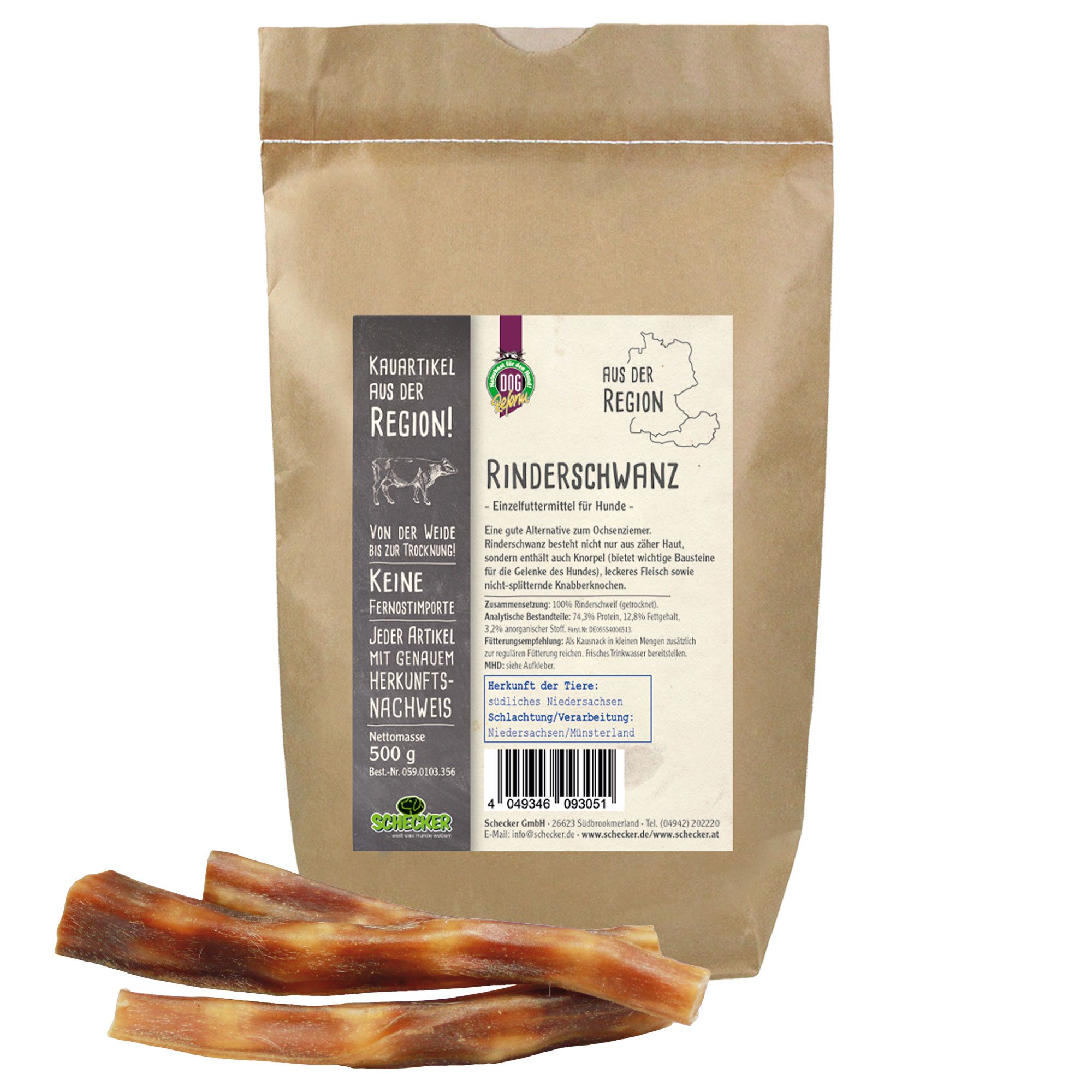 Beutel mit Rinderschwanz-Kausnacks. Drei getrocknete Stücke liegen davor. Aufdrucke: "Kausnack", "Aus der Region".