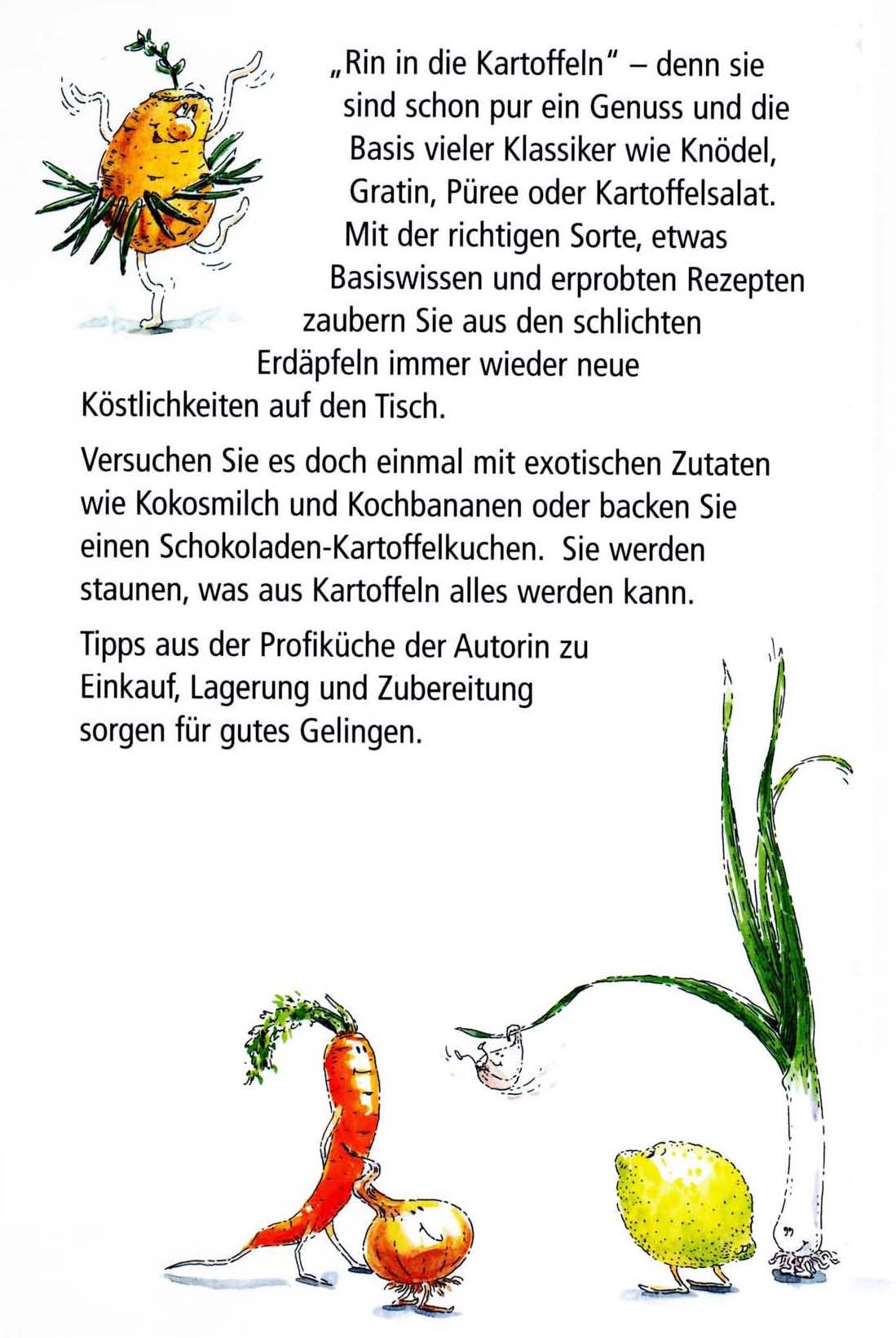 Buchseite mit Text über Kartoffelgerichte. Illustrationen von Gemüse. Text in deutscher Sprache. Verlag: pala.