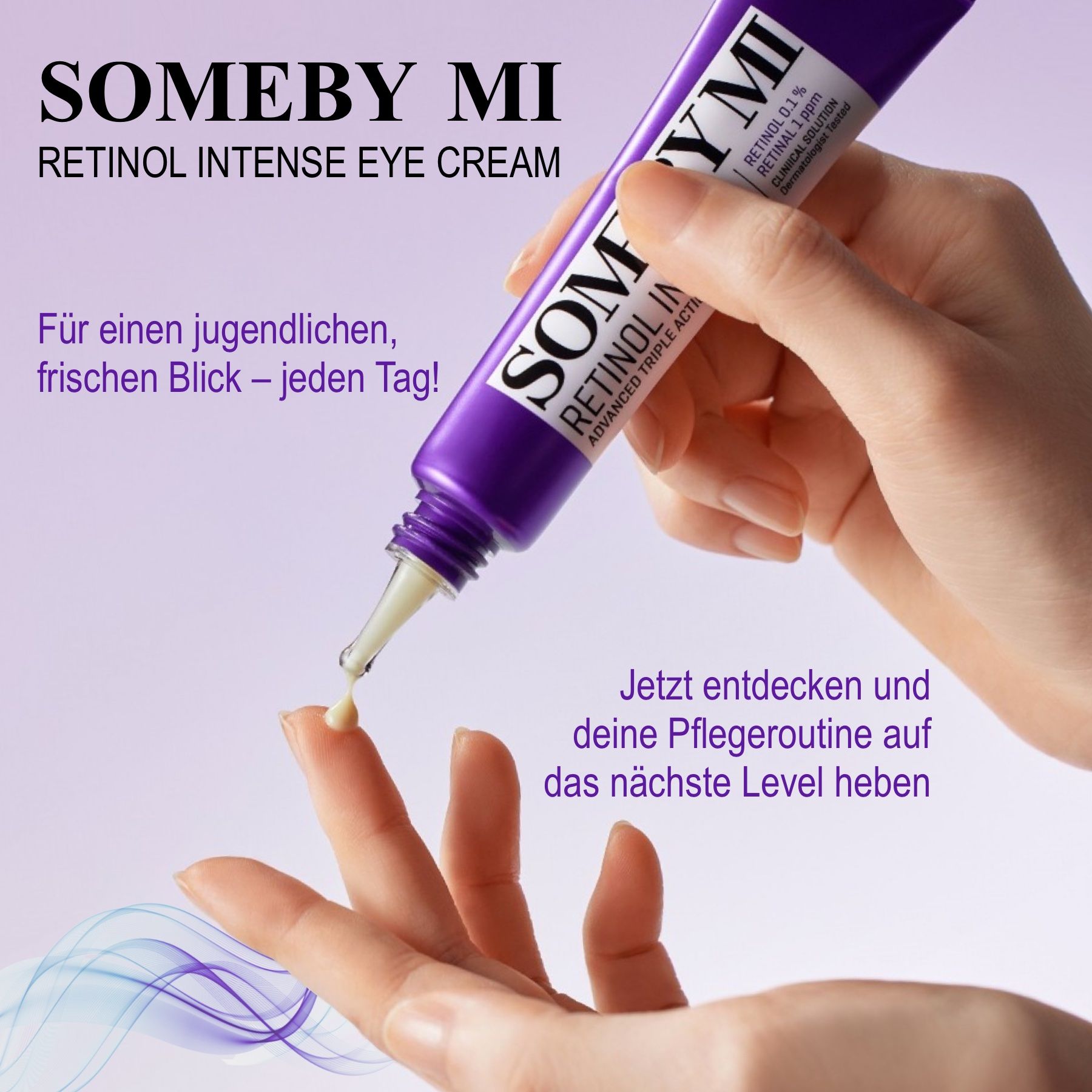 Hand hält Tube. Creme wird auf Finger aufgetragen. Text: Some By Mi.