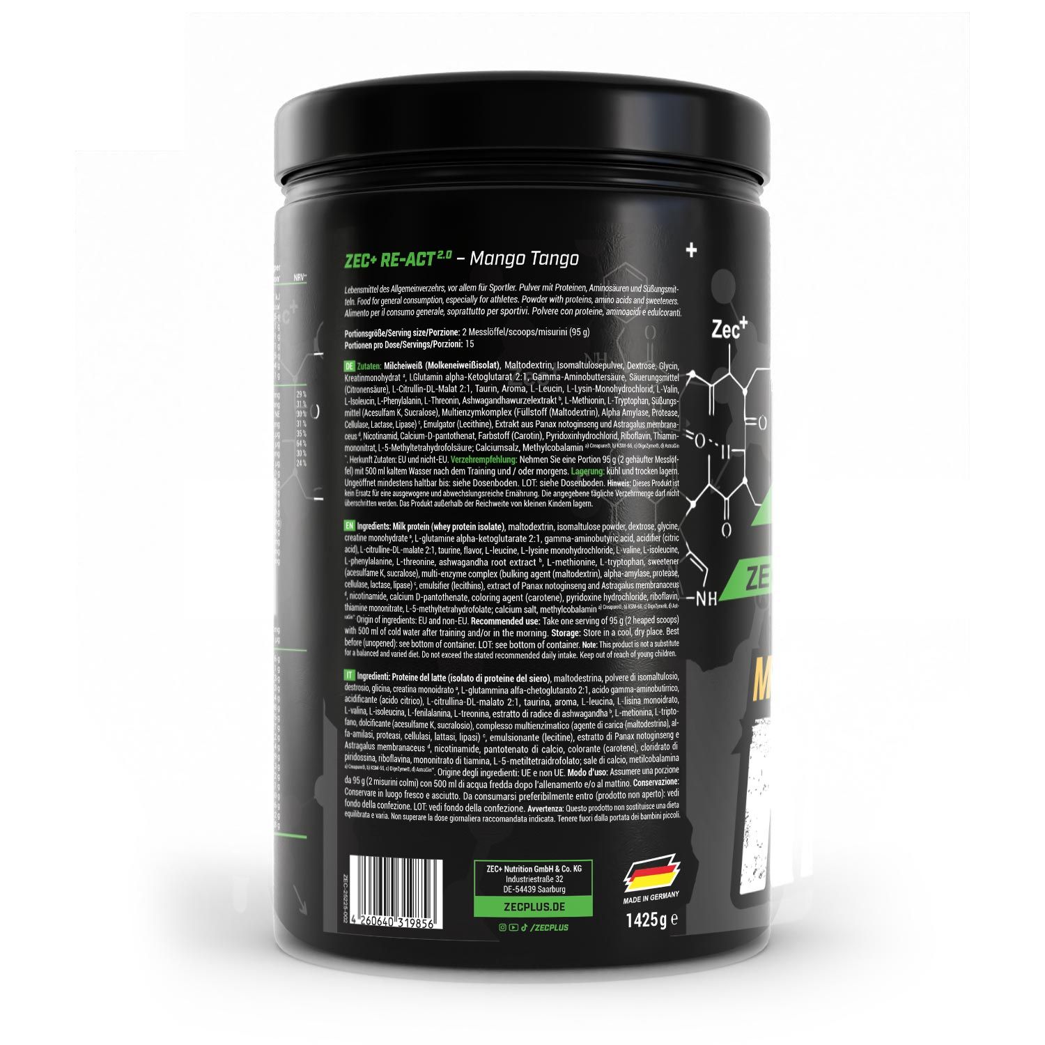 Schwarze Dose mit grünen Details. Aufschrift: ZEC+ RE-ACT 2.0 Mango Tango. Rückseite mit Nährwertangaben und Zutatenliste.