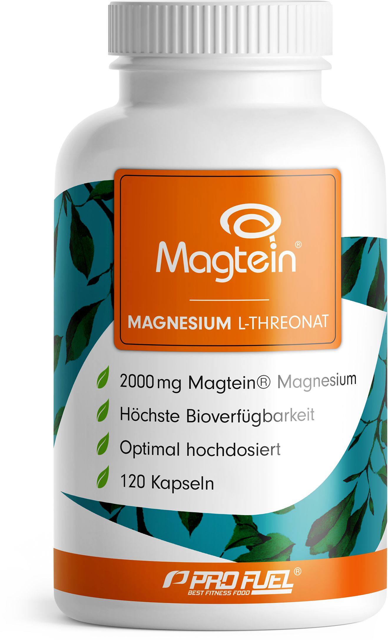 Weiße Flasche mit orangefarbenem Etikett. Enthält Magtein Magnesium L-Threonat Kapseln. 120 Kapseln. ProFuel Logo.