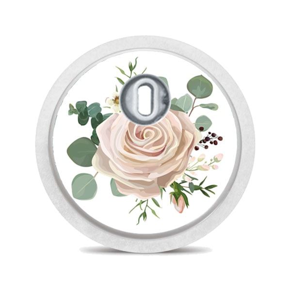 Runder Aufkleber mit floralem Design. Weiße Umrandung, Blumenmuster mit Rose und Eukalyptusblättern.