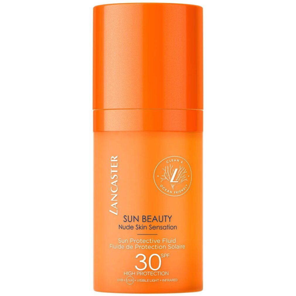 Orangefarbene Flasche mit weißem Deckel. Aufschrift: Lancaster SUN BEAUTY, Nude Skin Sensation, SPF 30. Vegan-Siegel.