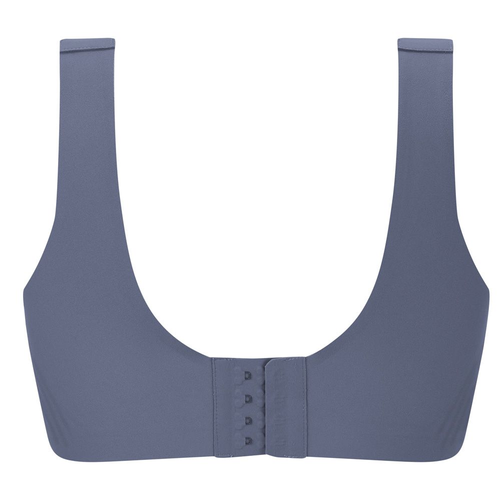 Blauer BH mit breiten Trägern und dreireihigem Hakenverschluss. Nahtlose Cups und glatte Oberfläche.