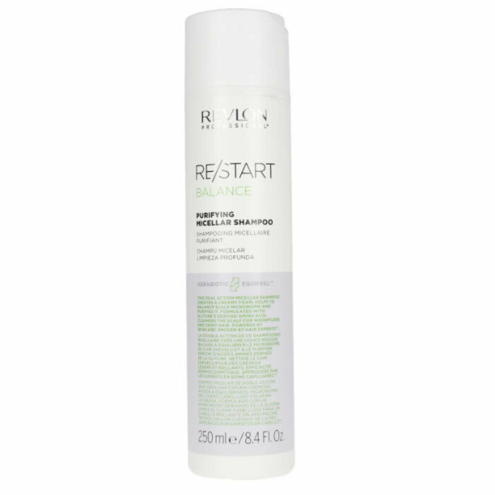 Weiß-lila Flasche mit Shampoo. Aufschrift: Revlon Professional, Re/Start Balance, Purifying Micellar Shampoo. 250 ml.