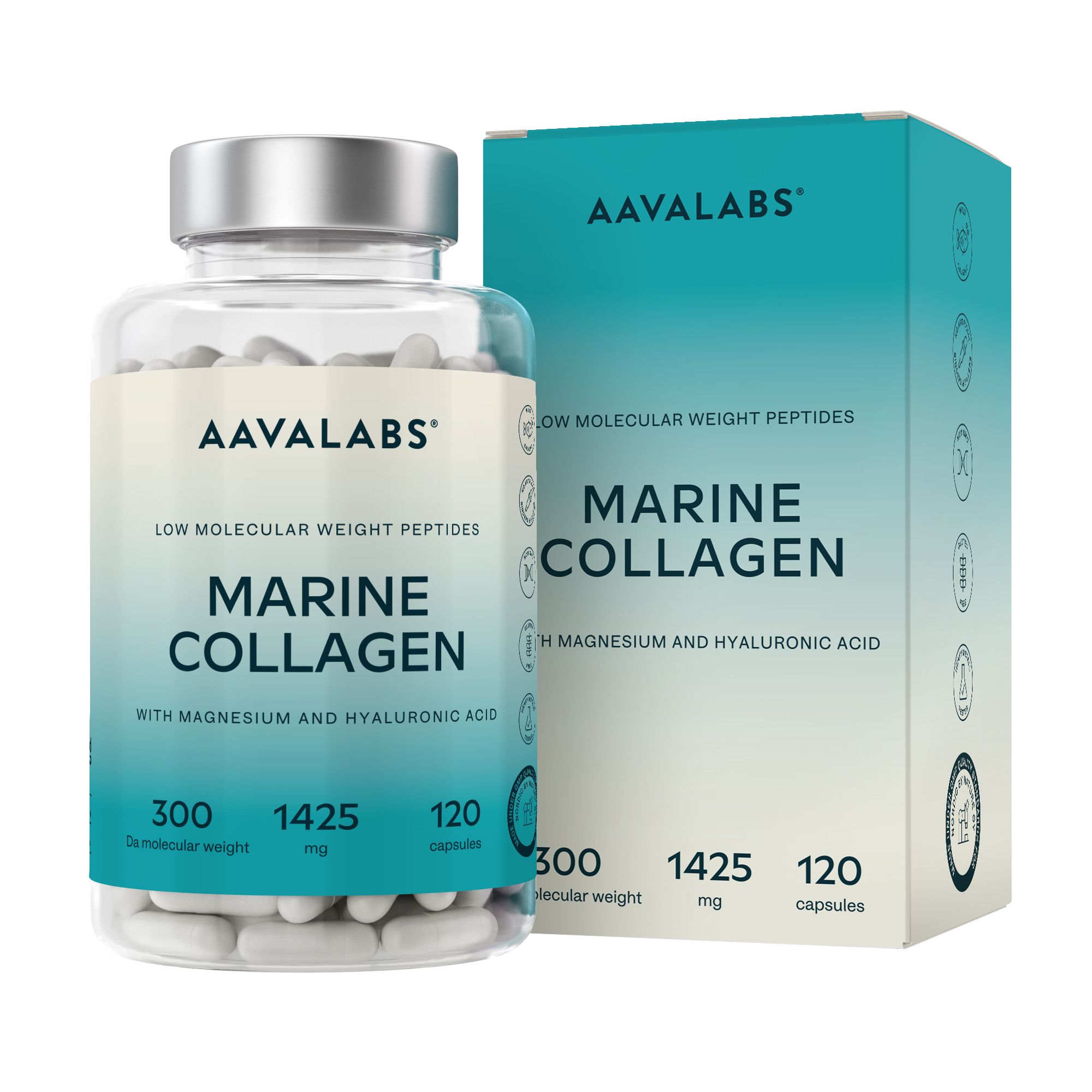 Aavalabs Marine Collagen in einer Glasflasche und Schachtel. Enthält 120 Kapseln. Aufschrift: Marine Collagen, 1425 mg.