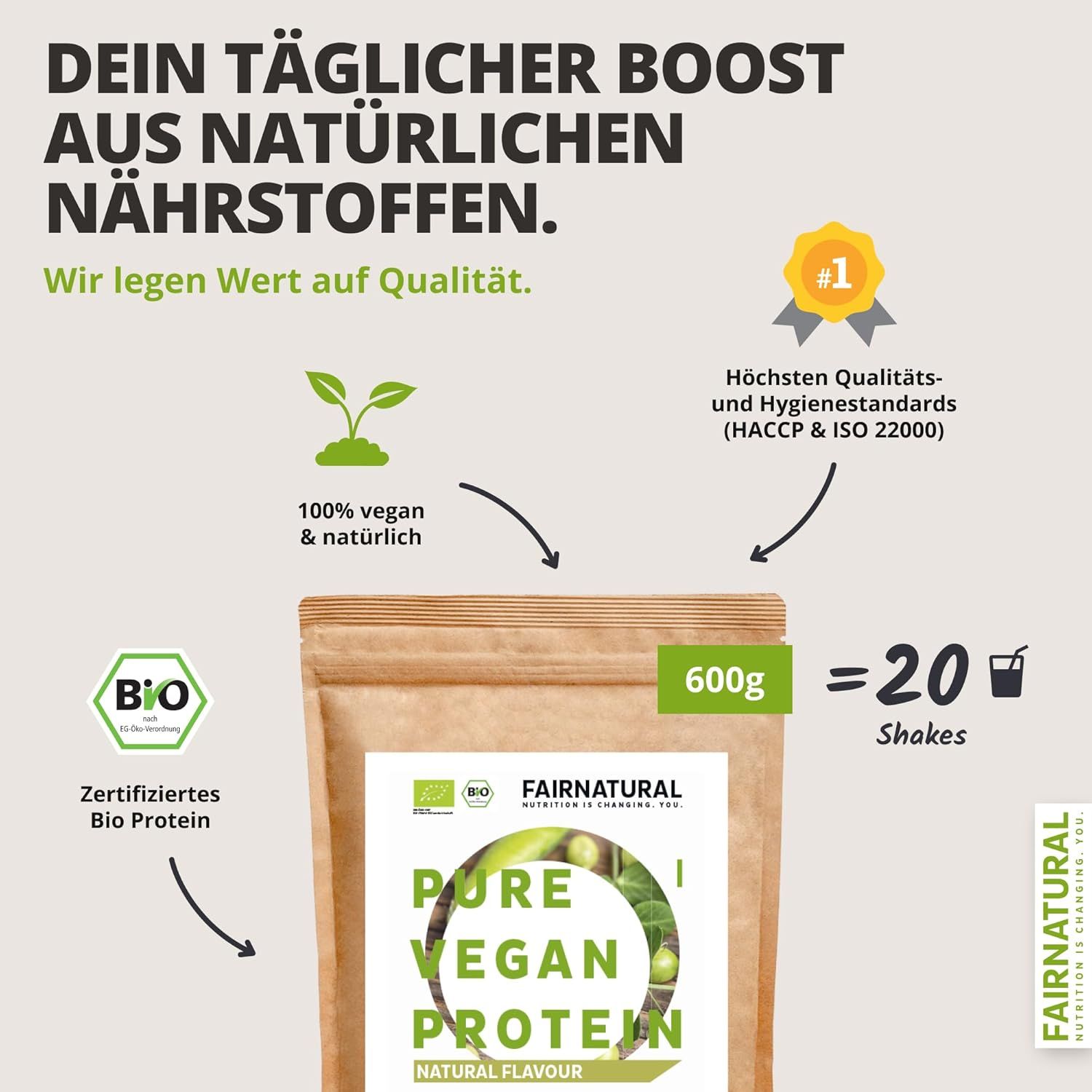 Beutel mit Bio Vegan Protein. Text: Dein täglicher Boost aus natürlichen Nährstoffen. Zertifiziertes Bio Protein. 600g = 20 Shakes.