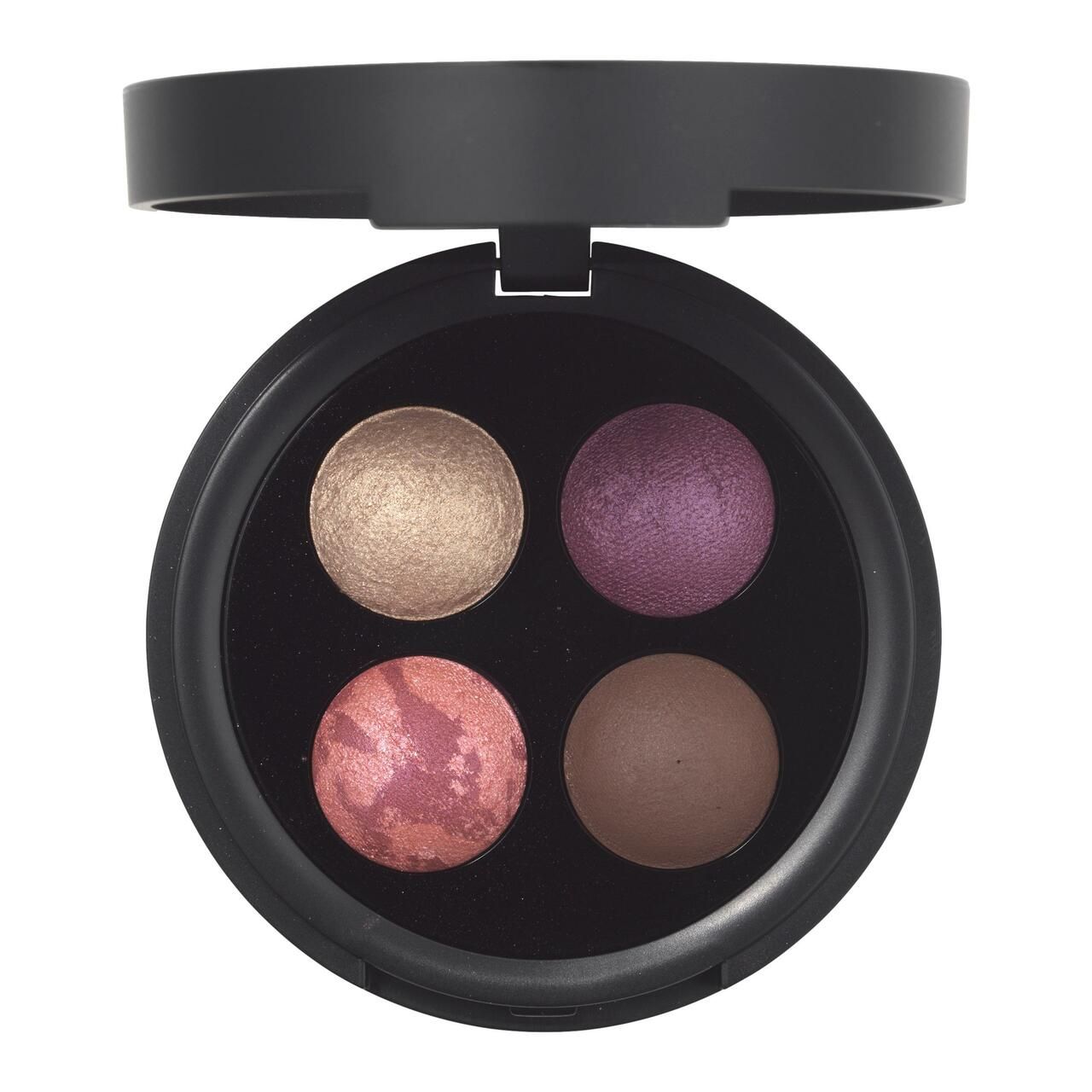 Runde, schwarze Lidschatten-Palette mit vier farbigen, runden Lidschatten. Deckel geöffnet.
