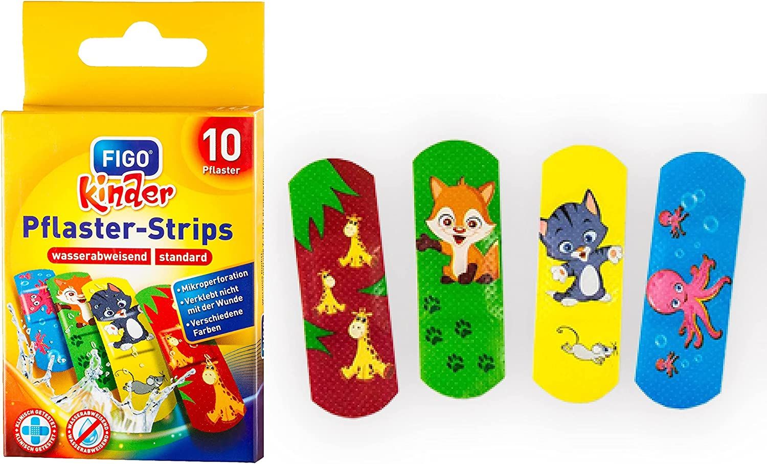 Kinderpflaster-Strips mit Tiermotiven und Verpackung. Box mit 10 Pflastern. Wasserabweisend. Aufdrucke: Giraffe, Fuchs, Katze, Tintenfisch.