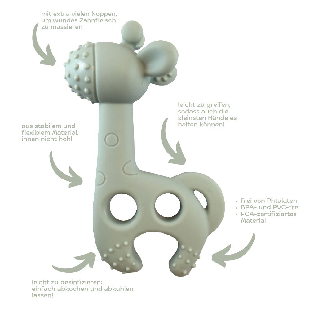 Grauer Beißring in Giraffenform mit Noppen. Aus flexiblem Material, BPA- und PVC-frei.