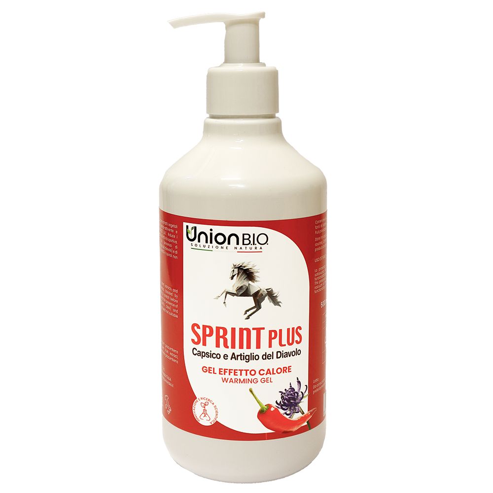 Weiße Flasche mit Dosierpumpe. Roter Aufkleber mit Produktnamen Sprint Plus, Logo und Abbildung eines Pferdes. Text: Capsico e Artiglio del Diavolo.