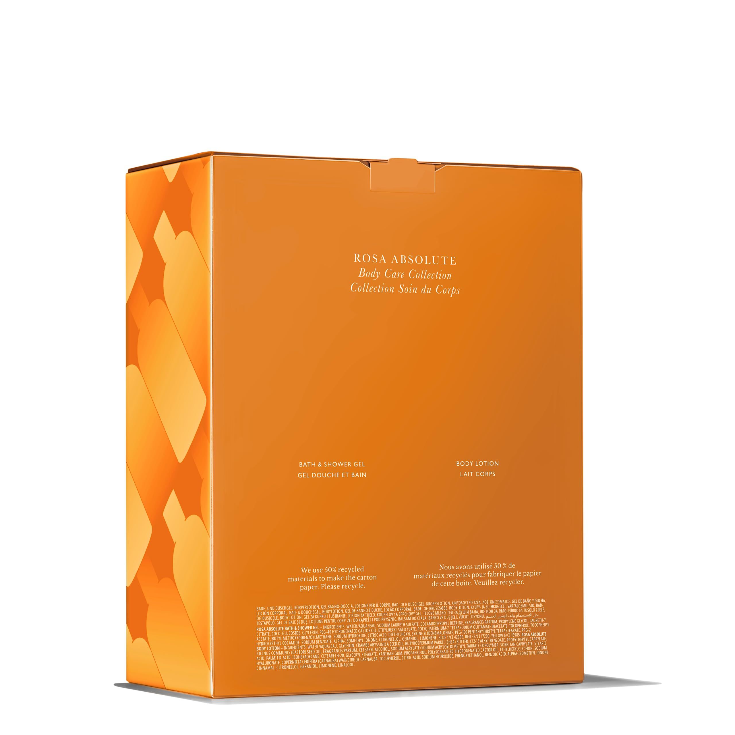 Orangefarbene Geschenkbox. Aufschrift: Rosa Absolute Body Care Collection. Enthält Bad & Duschgel und Body Lotion.