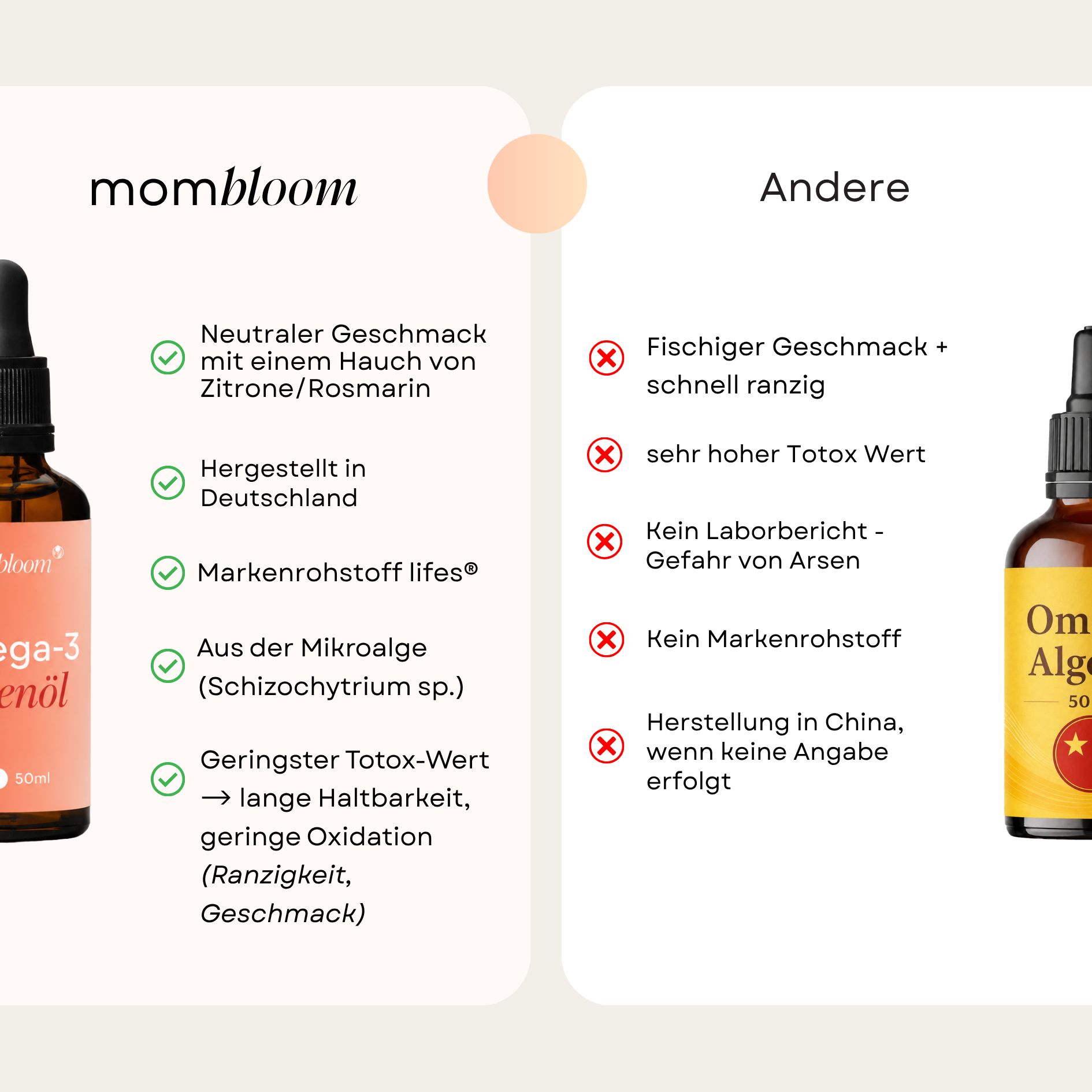 Vergleich von mombloom Omega-3 Algenöl mit "anderen" Produkten. mombloom: neutraler Geschmack, aus Deutschland, Markenrohstoff.