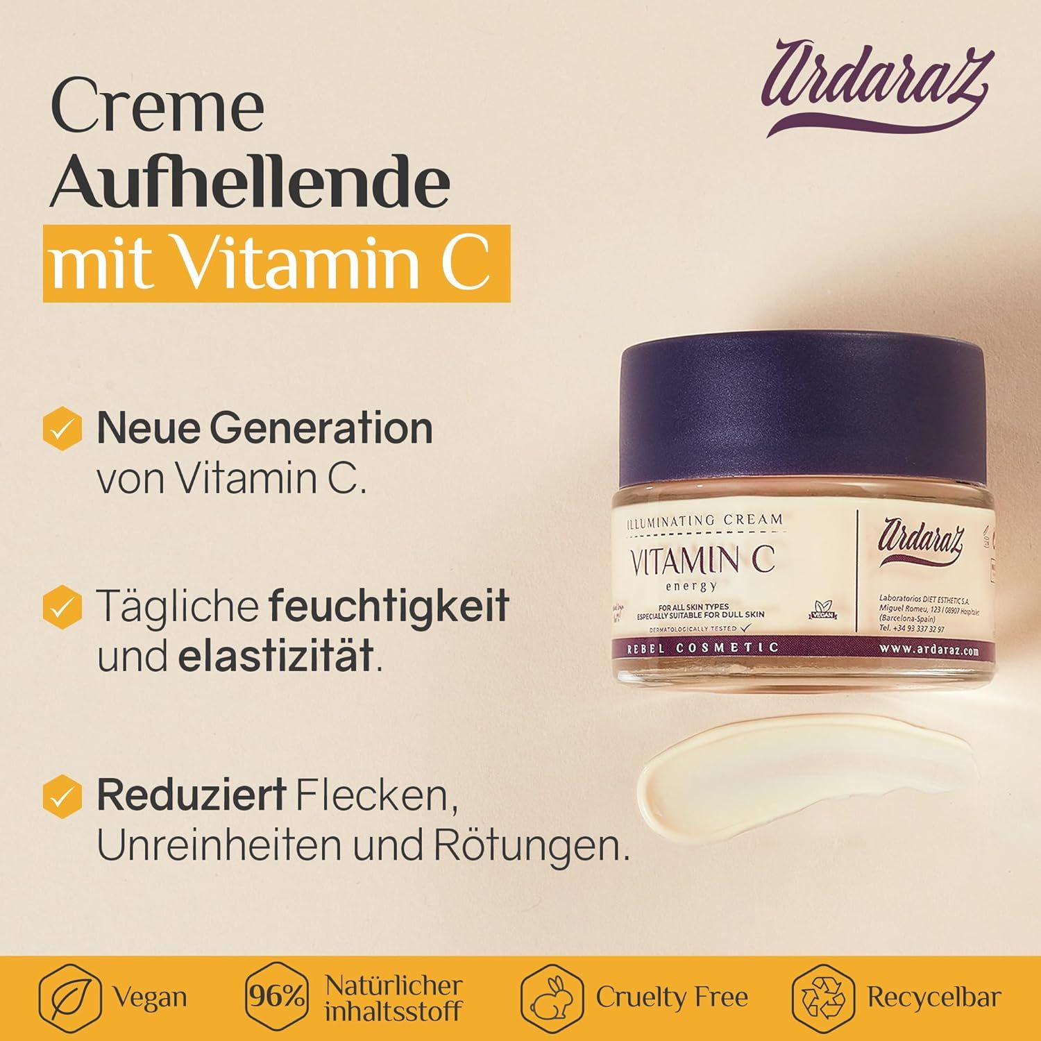 Creme-Glas mit Deckel, daneben Creme-Klecks. Text: Creme Aufhellende mit Vitamin C. Logos: Vegan, 96% natürlicher Inhaltsstoff, Cruelty Free, Recycelbar.