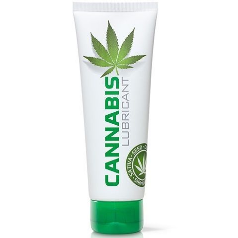 Weiß-grüne Tube mit Cannabis-Blatt-Logo. Aufschrift: CANNABIS LUBRICANT. Grüner Schraubverschluss.
