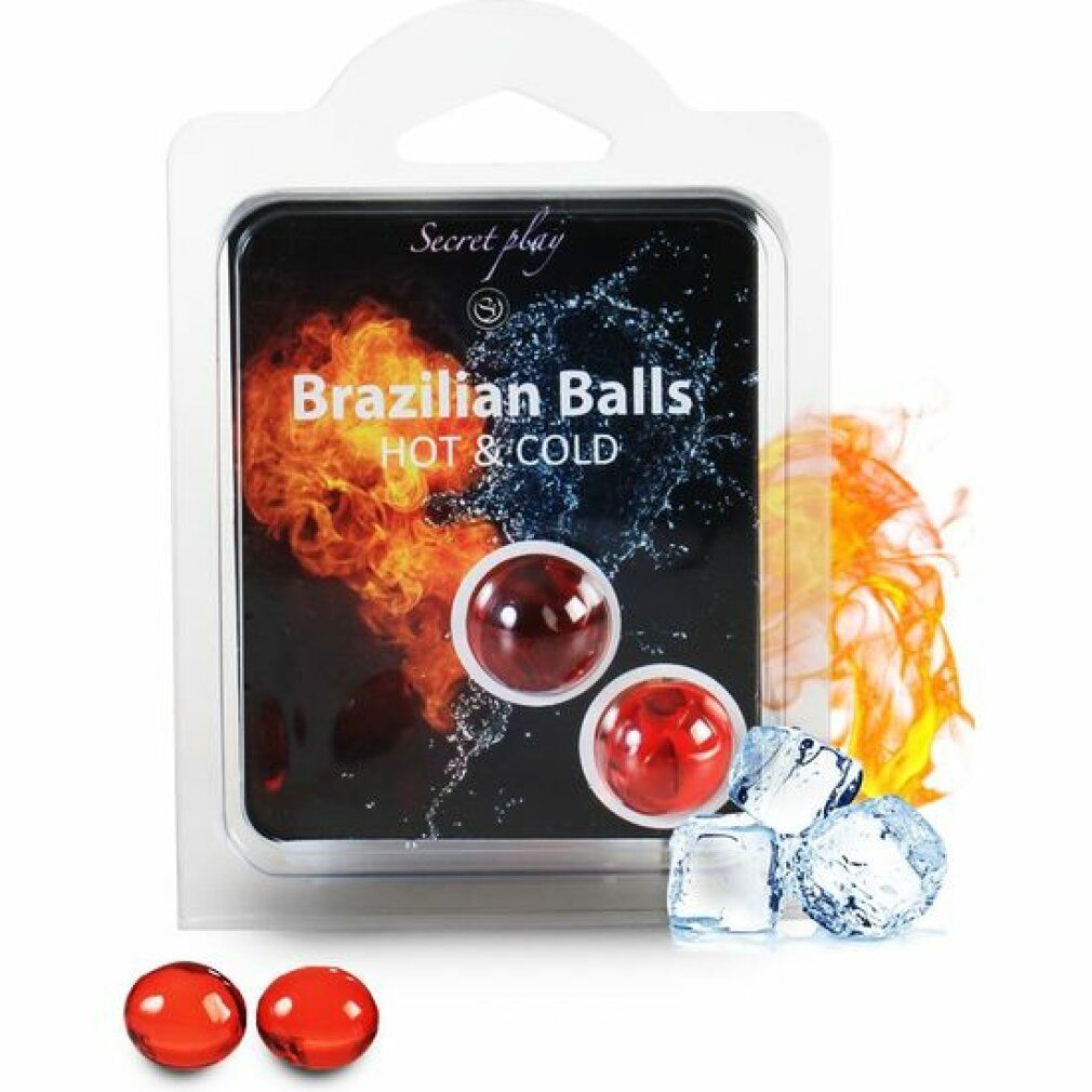 Zwei rote Kugeln neben der Blisterverpackung mit 'Brazilian Balls HOT & COLD'. Eiswürfel und Flammen-Grafik.