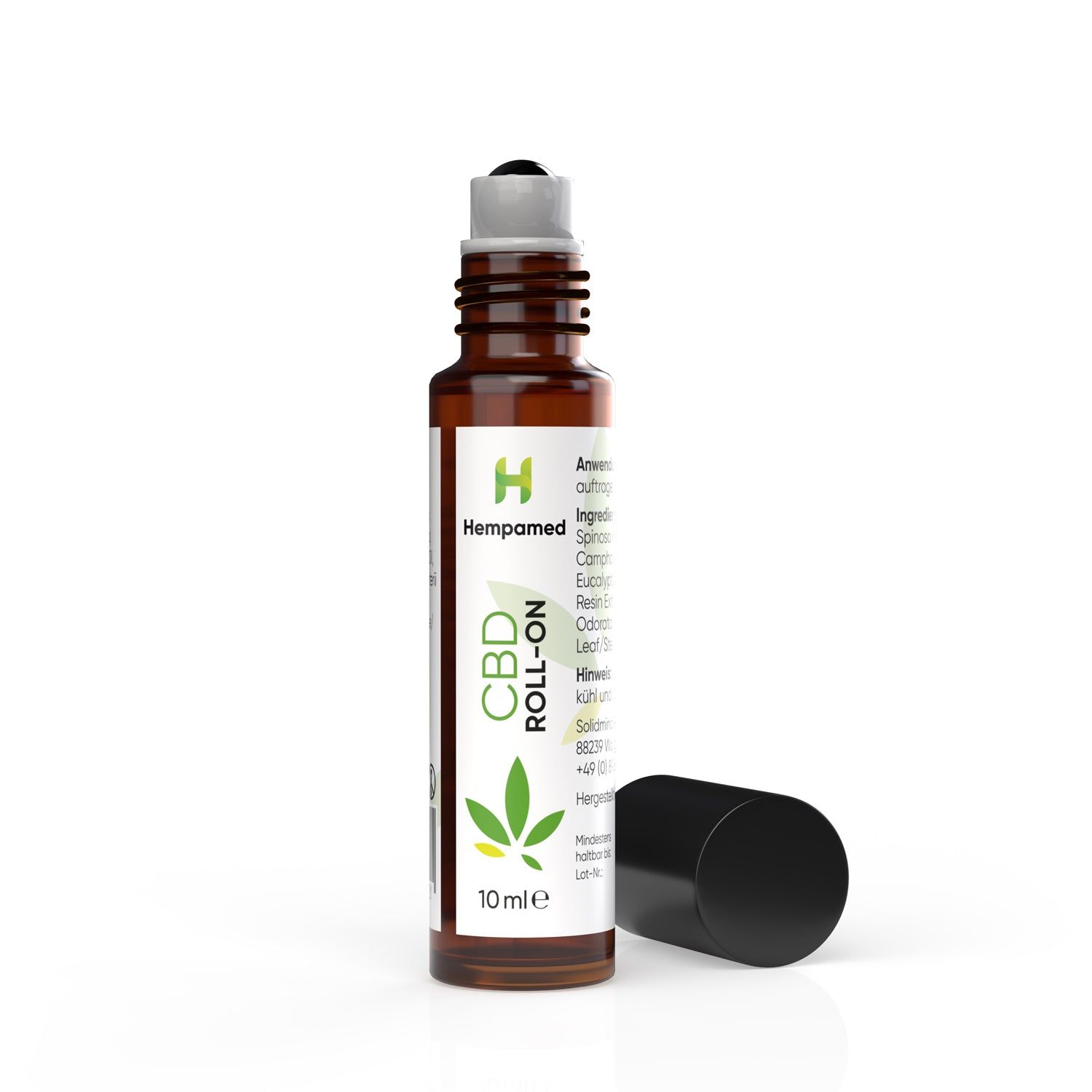 Braune Glasflasche mit schwarzem Deckel und Roll-On-Aufsatz. Aufschrift CBD ROLL-ON und Logo. 10ml.