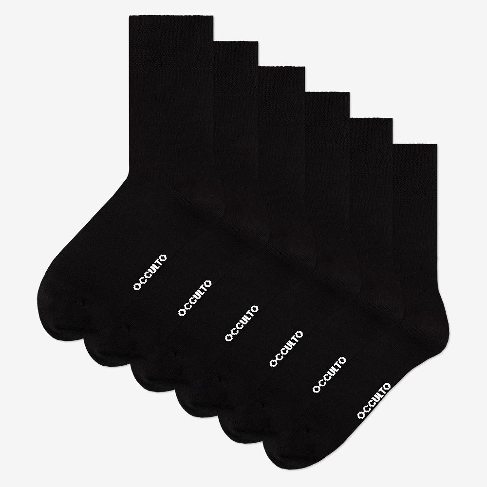Sechs Paar schwarze Herrensocken, nahtlos, ohne Gummibund, Baumwolle.