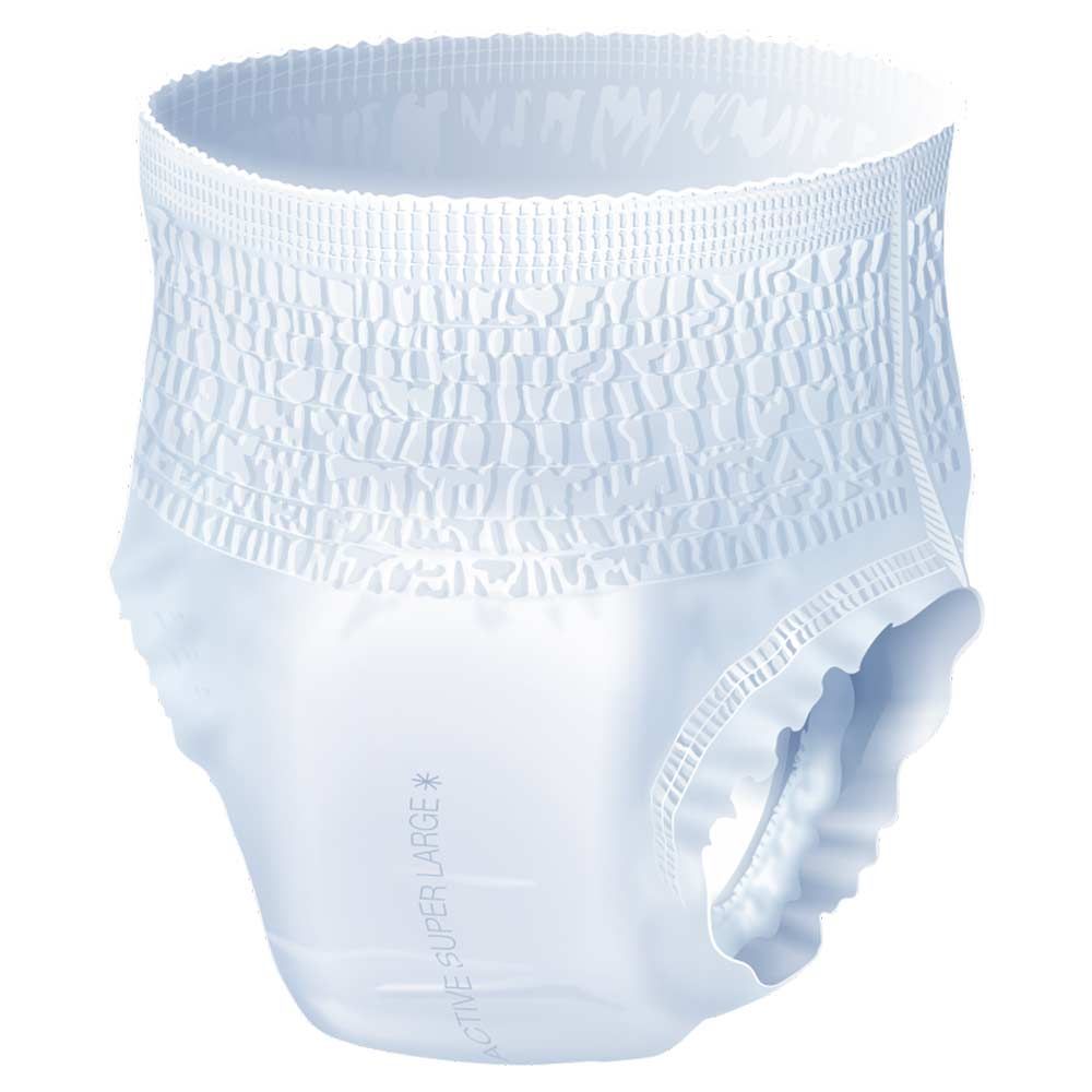 Weiße Seni Active Super Inkontinenzhose. Elastischer Bund und Beinbündchen. Aufschrift "ACTIVE SUPER LARGE".