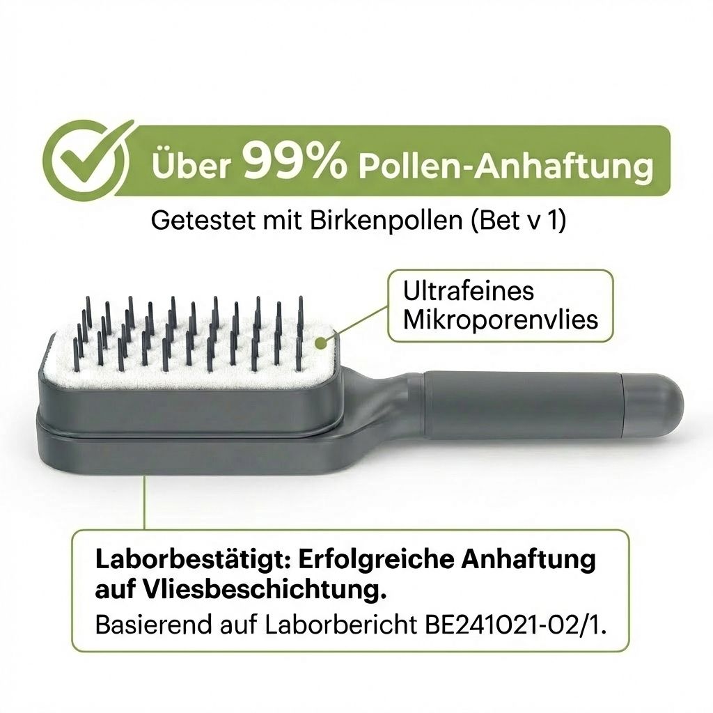 Graue Bürste mit schwarzen Borsten. Text: Über 99% Pollen-Anhaftung. Ultrafeines Mikroporenvlies. Laborbestätigt.