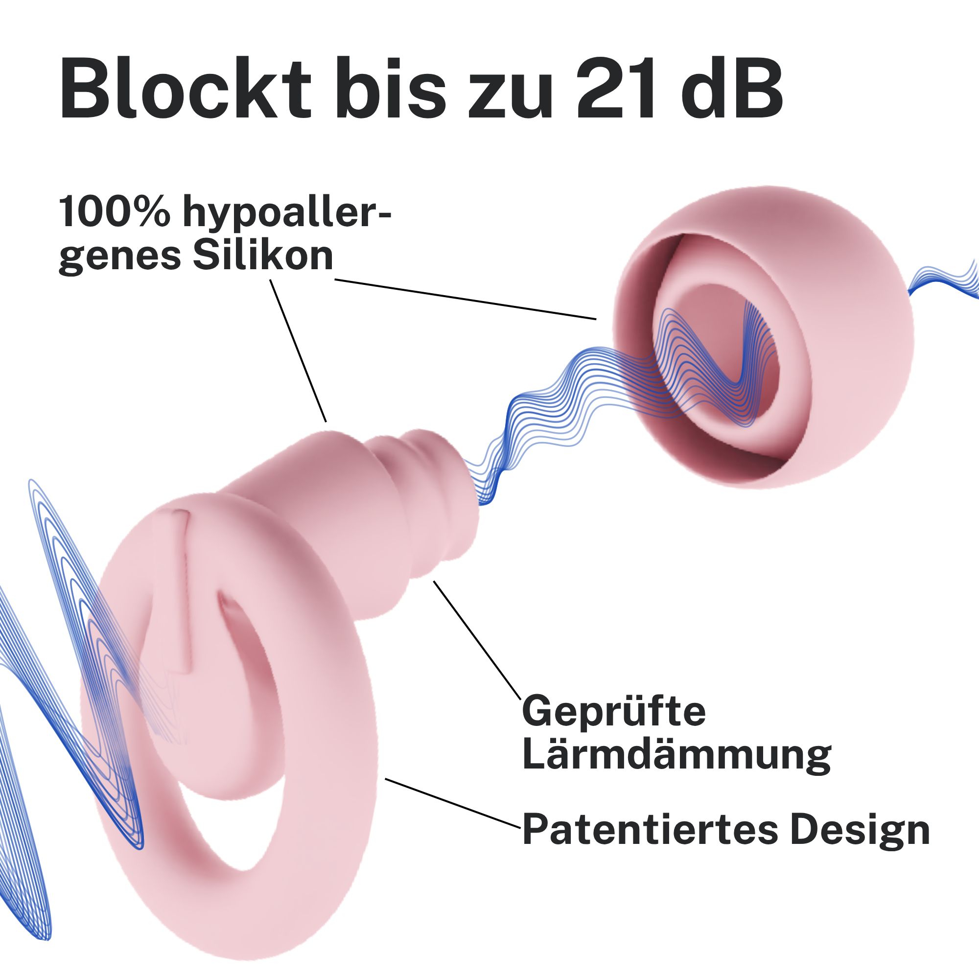 Rosa Ohrstöpsel mit blauen Linien. Beschriftung: 100% hypoallergenes Silikon, geprüfte Lärmdämmung, patentiertes Design.