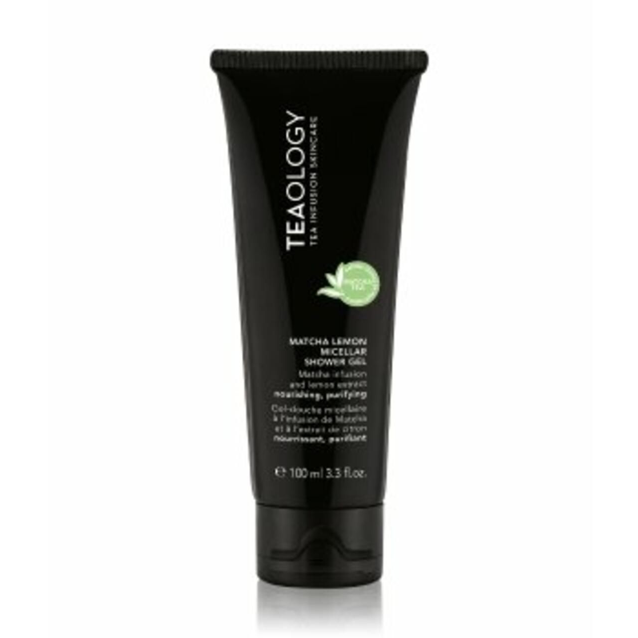 Schwarze Tube mit Produktinformationen. Aufschrift: Teaology, Matcha Lemon Micellar Shower Gel. Volumen: 100 ml.