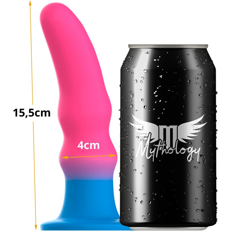 Zweifarbiges Dildo-Spielzeug neben Dose. Pinker Schaft, blauer Saugnapf. Maße: 15,5 cm lang, 4 cm breit.