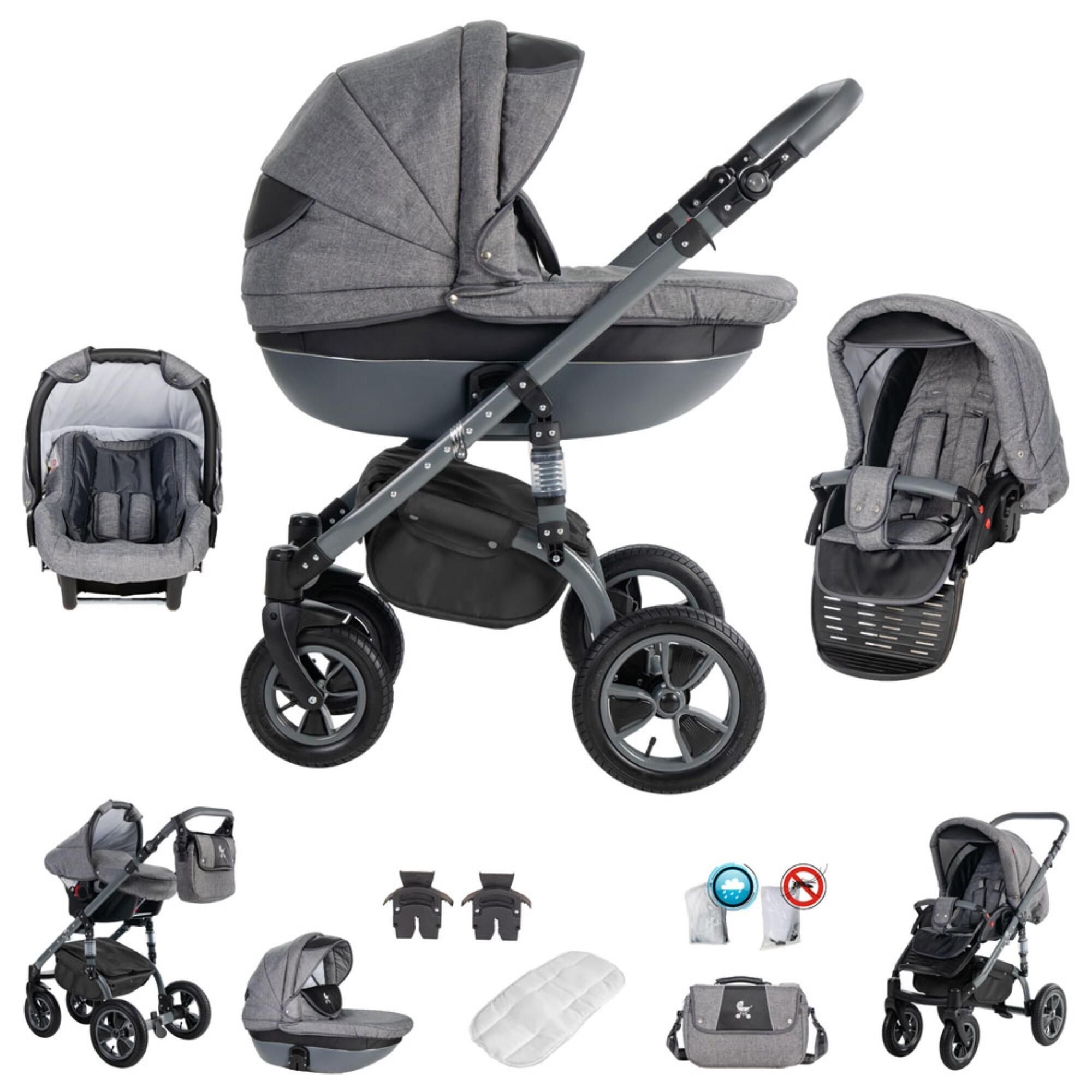 Kinderwagen-Set mit Luftreifen, grau. Enthält Babywanne, Sportsitz, Babyschale und Zubehör. Vier Räder, schwarzer Rahmen.