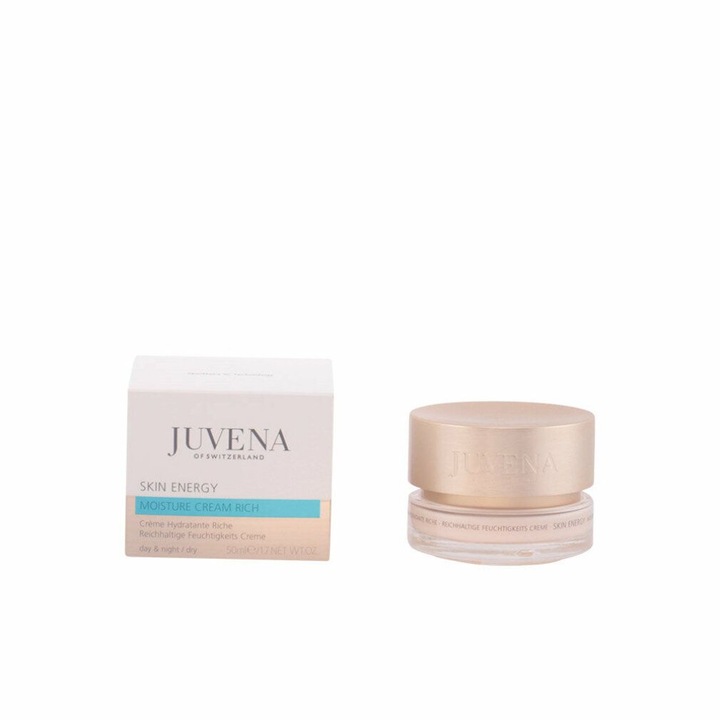 Creme-Tiegel und Schachtel. Aufschrift: Juvena, Skin Energy, Moisture Cream Rich. Creme-Tiegel mit goldfarbenem Deckel.