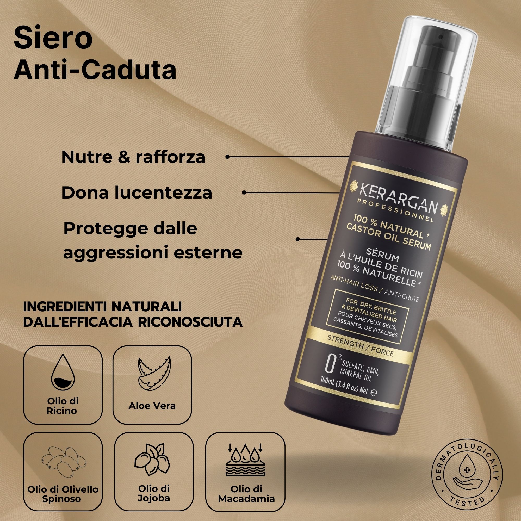 Flacone di shampoo Kerargan. Flacone nero con etichetta marrone. Testo: 100% Natural Castor Oil Shampoo, Anti-Caduta.