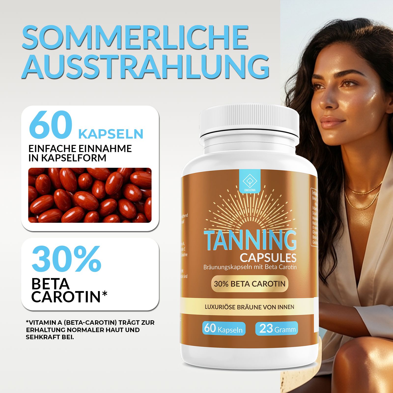 Braeunungskapseln: 60 Kapseln, 30% Beta-Carotin, Sommerliche Ausstrahlung.