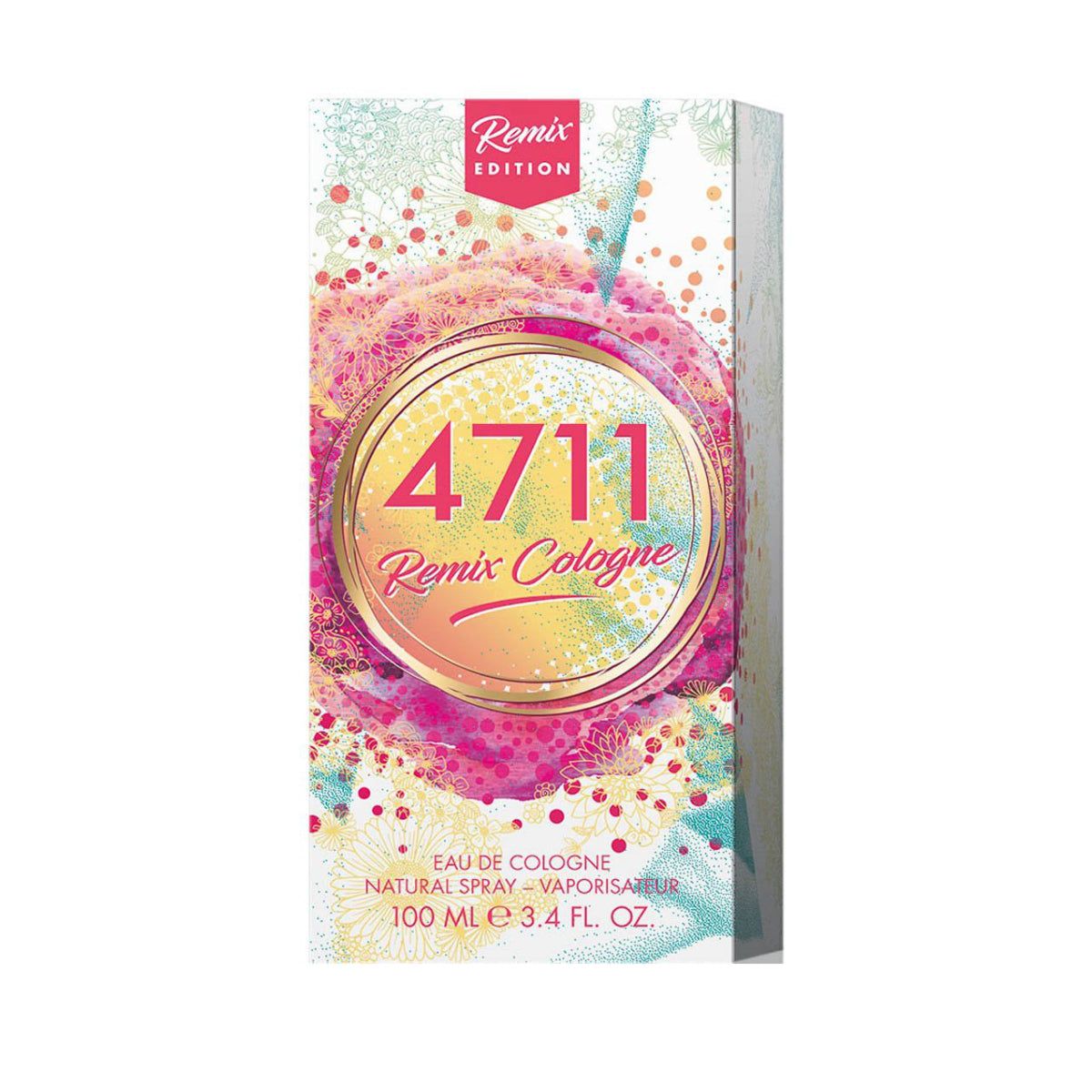 Karton mit Aufdruck. Logo 4711 Remix Cologne. Rosa, gelbe und blaue Farbtöne. Text: Eau de Cologne, 100 ml.