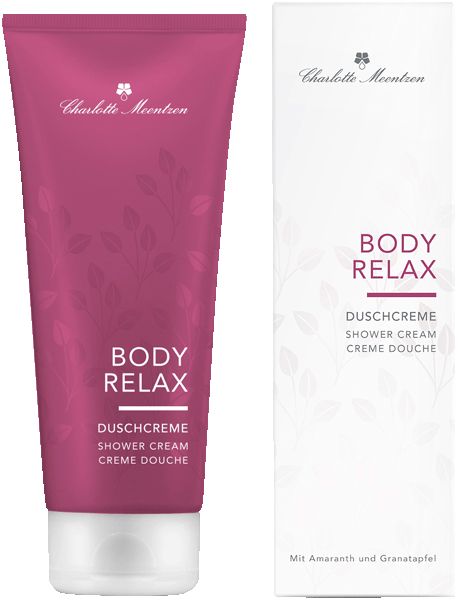 Produkt-Tube und Verpackung. Tube in Pink mit Produktnamen BODY RELAX und Duschcreme. Marke Charlotte Meentzen. Weiße Verpackung.