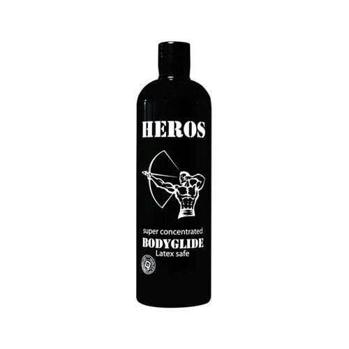 Schwarze Flasche mit weißem Etikett. Aufschrift: HEROS, Abbildung eines Bogenschützen. Text: BODYGLIDE, Latex safe.