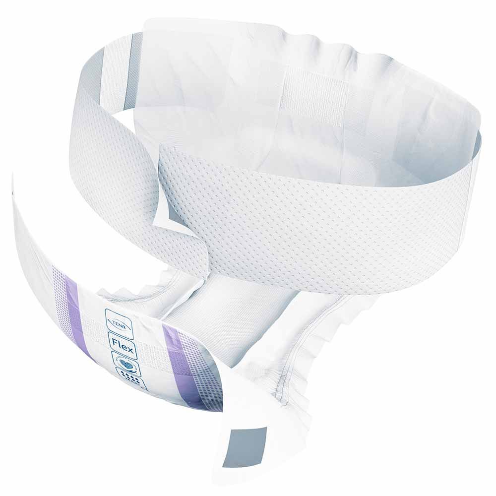 TENA ProSkin Flex Maxi S. Weißer Inkontinenzslip mit flexiblen Bändern. Produktmerkmal Flex und Größenangabe.
