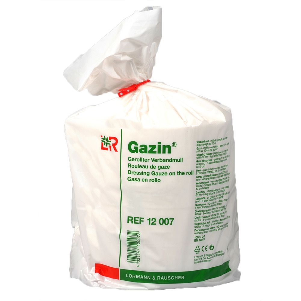 Verbandmull in weißer Verpackung. Aufdruck: Gazin, Gerollter Verbandmull, Dressing Gauze on the roll, Gasa en rollo. REF 12 007.